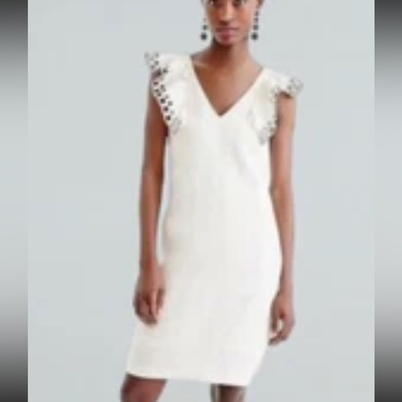 J Crew Collection White  Linen Blend Ruffle-Shoulder Eyelet Shift Dress Size 10 - Picture 2 of 8